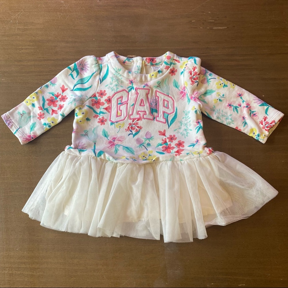 Gap Baby Girl Floral Peplum Sweatshirt Dress Tulle Skirt Size 6 - 12 Month White